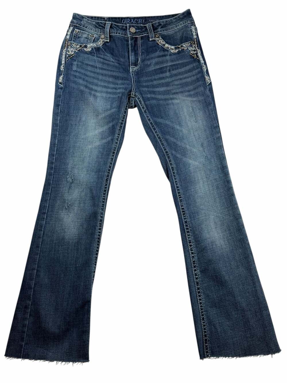 Grace in LA Jeans Womens 28 Easy Fit Embellished Bootcut Raw Hem Distressed